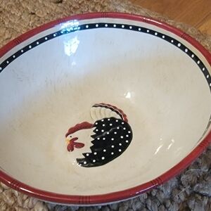 Decorative Rooster Bowl XL sz Family Style Red Trim & Black w White Polka Dots